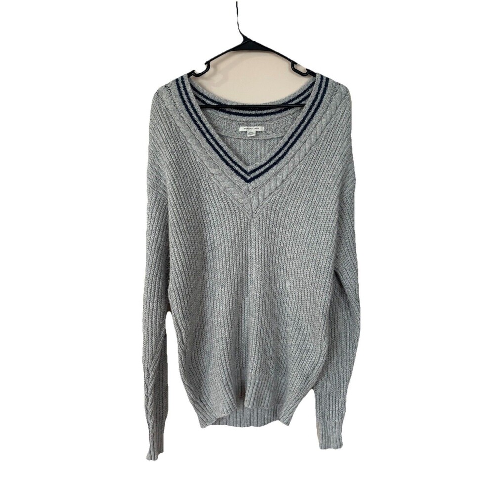 American Eagle Size S Gray V-Neck Varsity Cable Knit Sweater Oversized